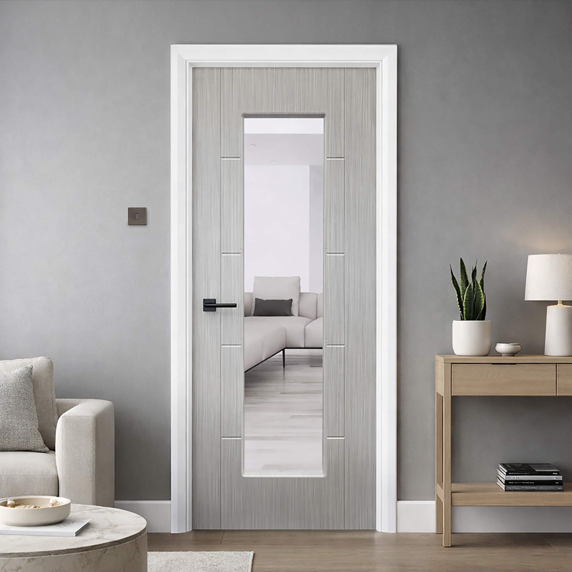 An Iseo Nova Grey 1 Lite Pre-Glazed Internal 35mm Laminate Door in a modern  home interior setting.