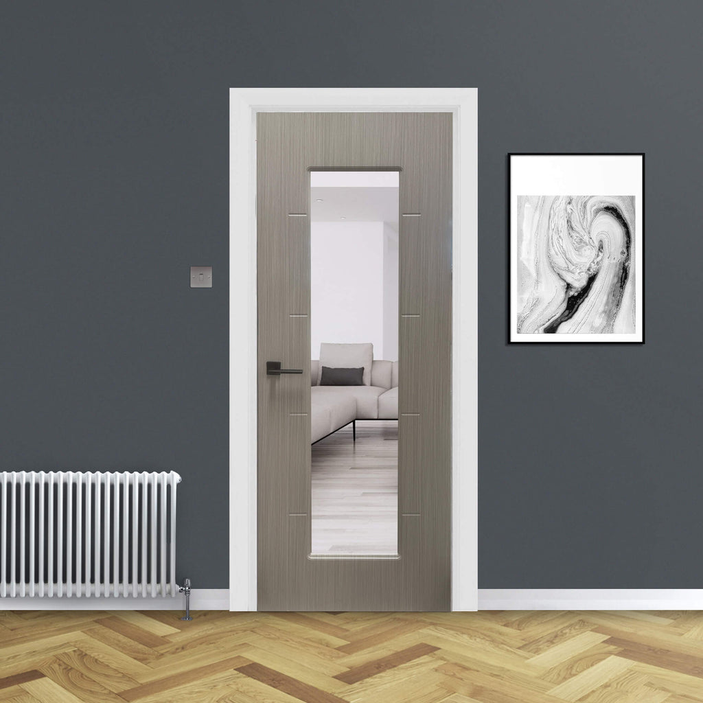 An Iseo Nova Grey 1 Lite Pre-Glazed Internal 35mm Laminate Door in an interior home setting