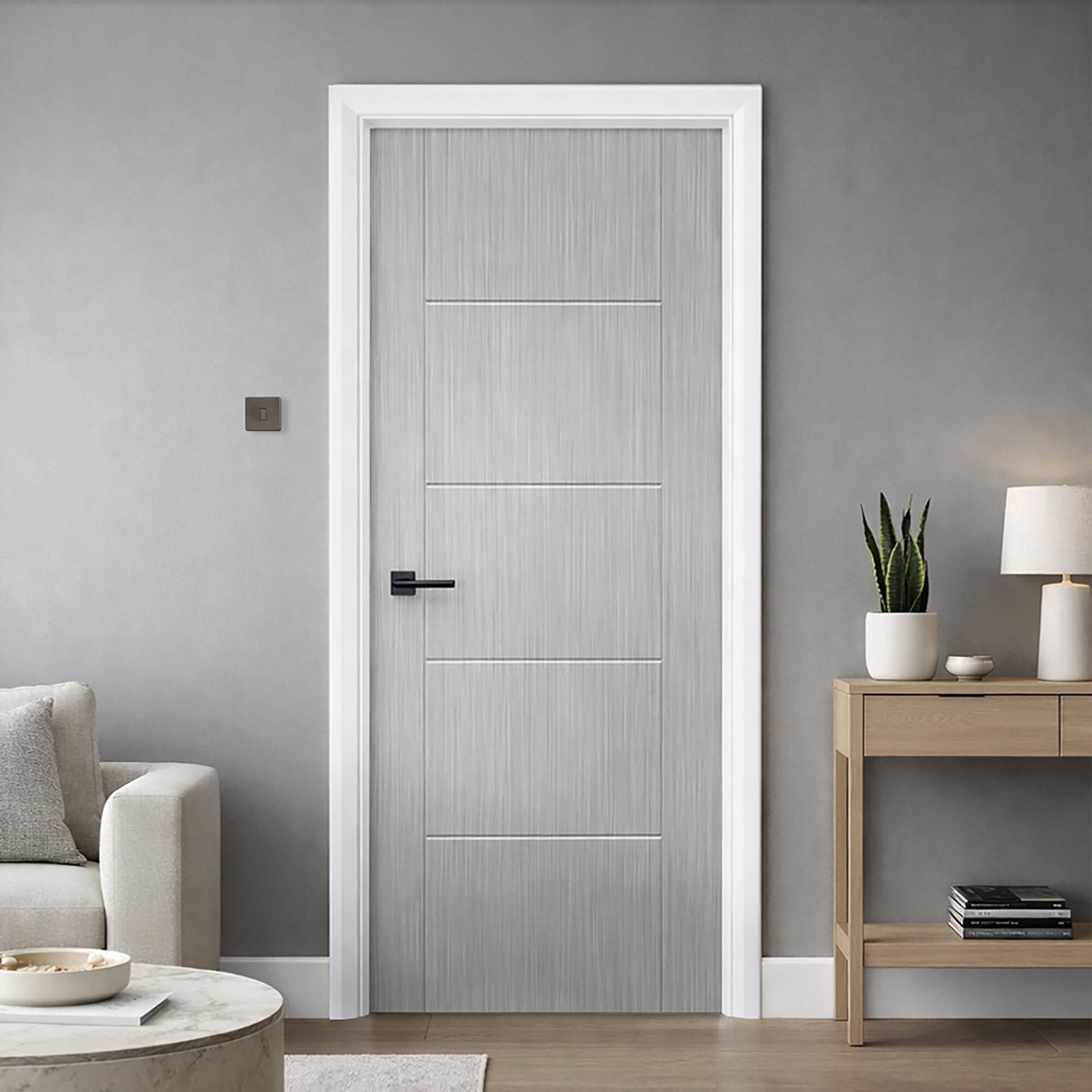 An Iseo Nova Grey 35mm Laminate Door, with a Flat Black Hera Handle, in a modern interior home setting.