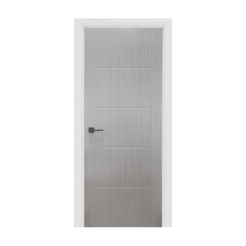 An Iseo Nova Grey 35mm Laminate Door, with a Flat Black Hera Handle,on a white background.