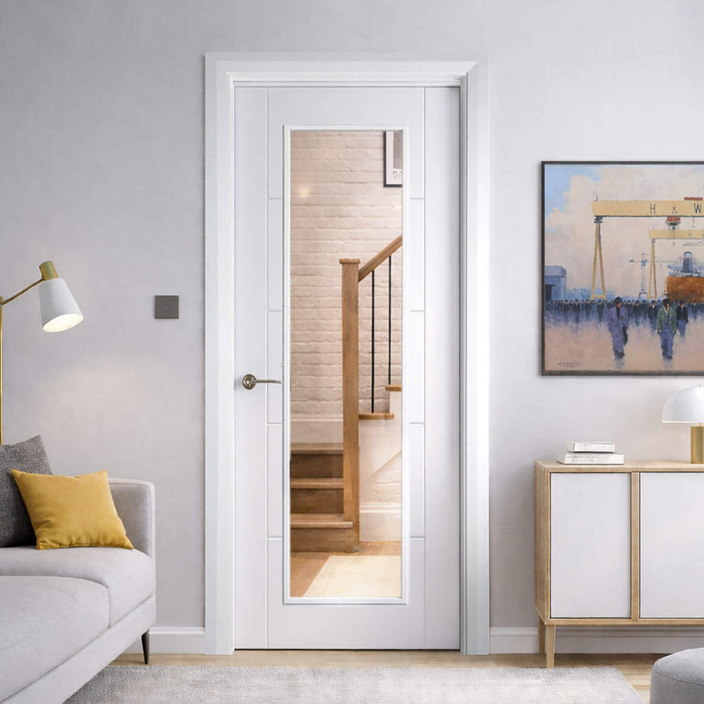 An Iseo Primer Plus 1 Lite  Internal Door in a home interior living room setting  featuring a mirror, grey sofa, and wooden side table.