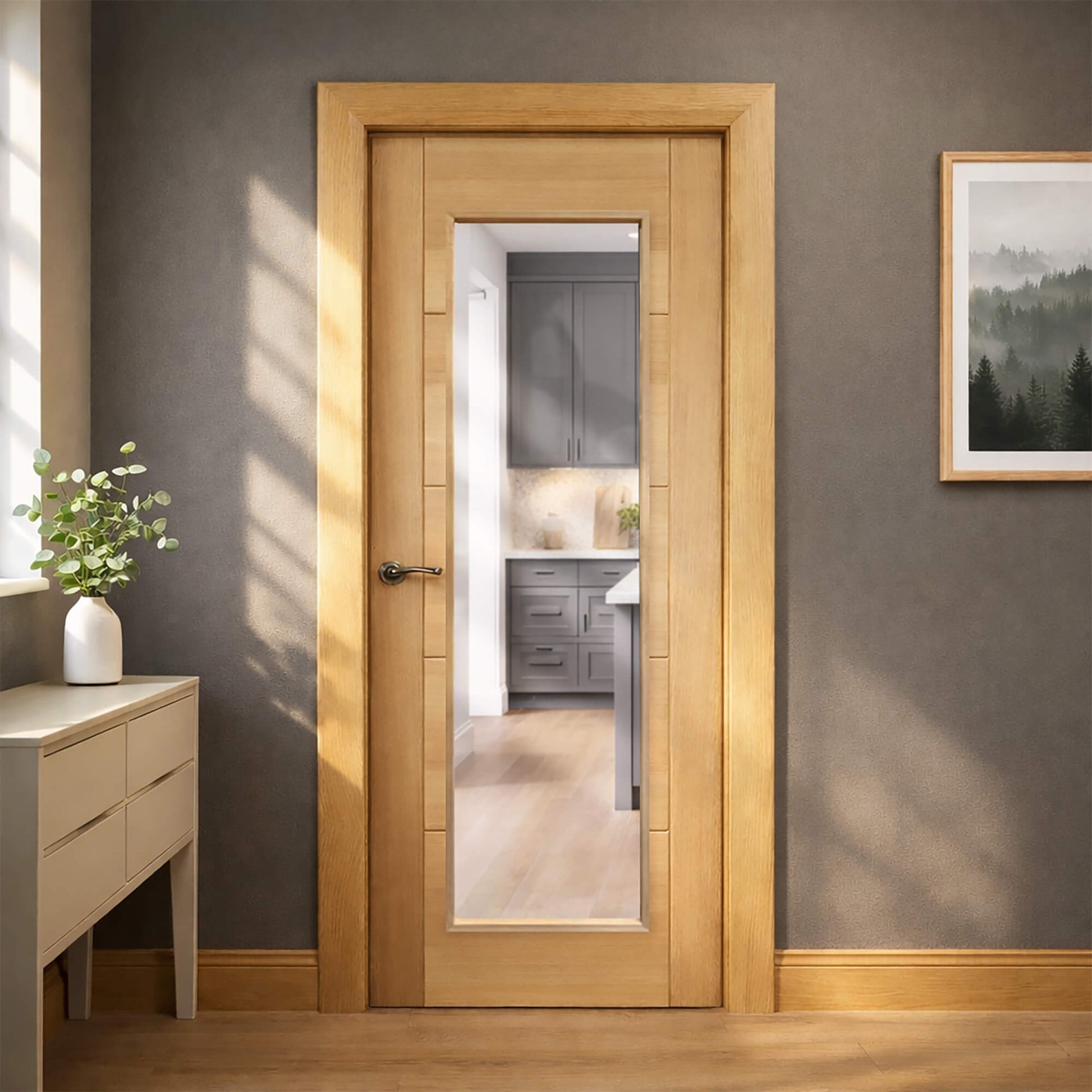 An Iseo White Oak 1 Lite Pre-Glazed 35mm  Internal Door in a modern home interior setting.