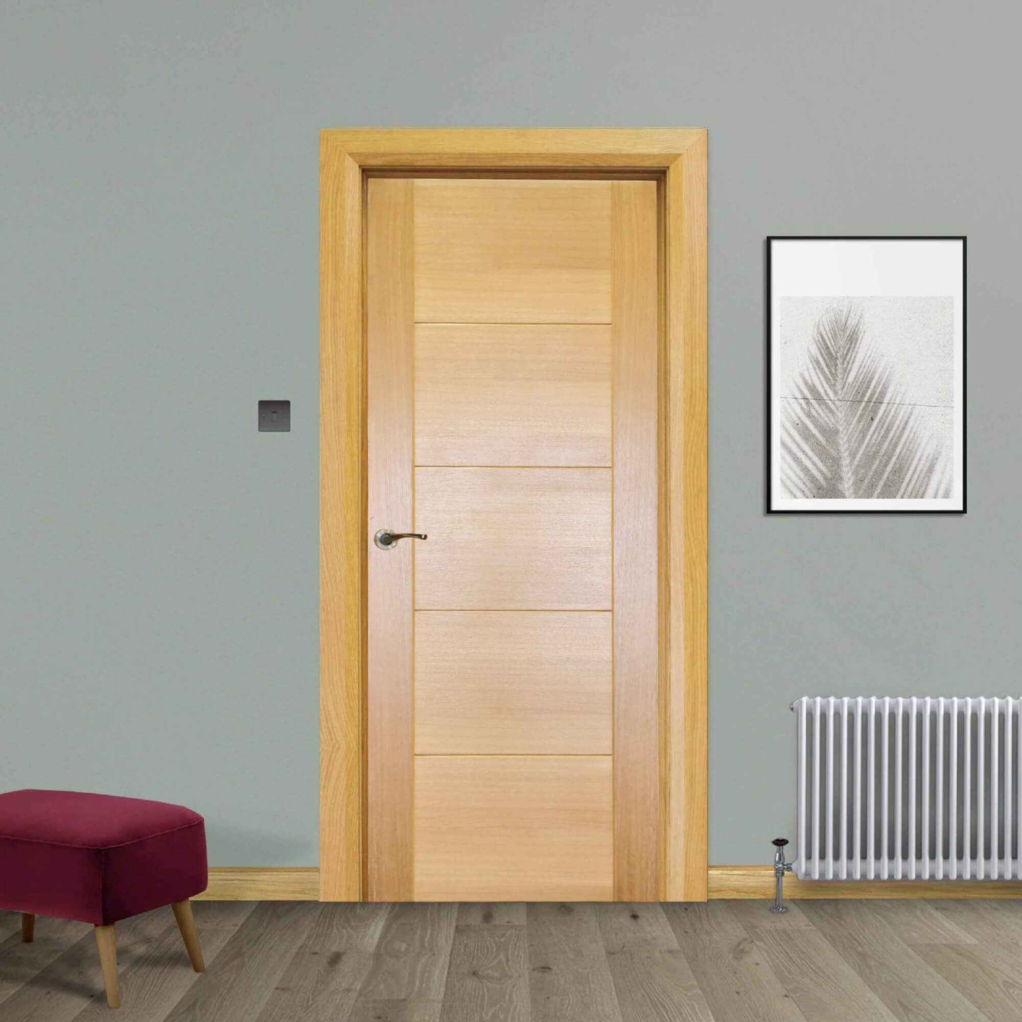 An Iseo White Oak FD30 44mm Internal Fire Door, with a Storm handle, in a home interior setting