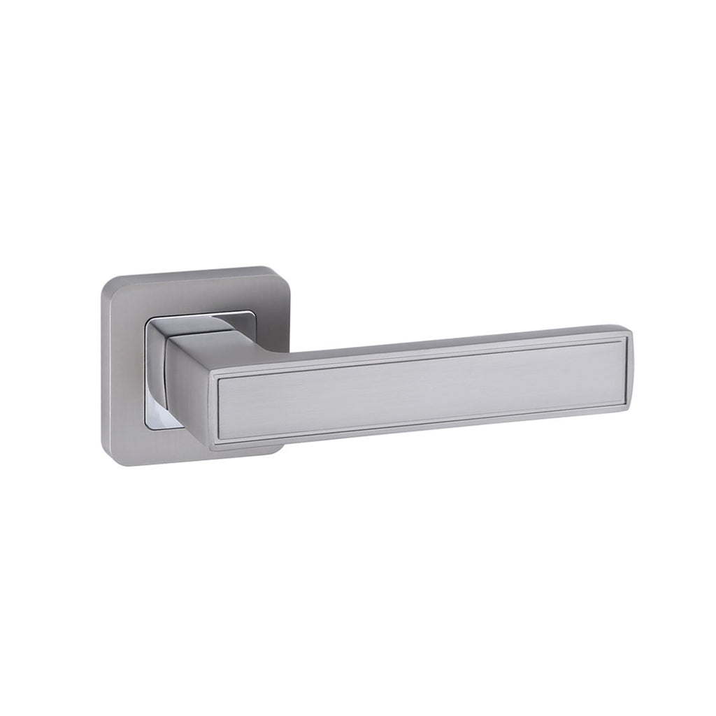 A Jupiter Matt Satin Nickel & Polished Chrome Handle door handle on a white background.
