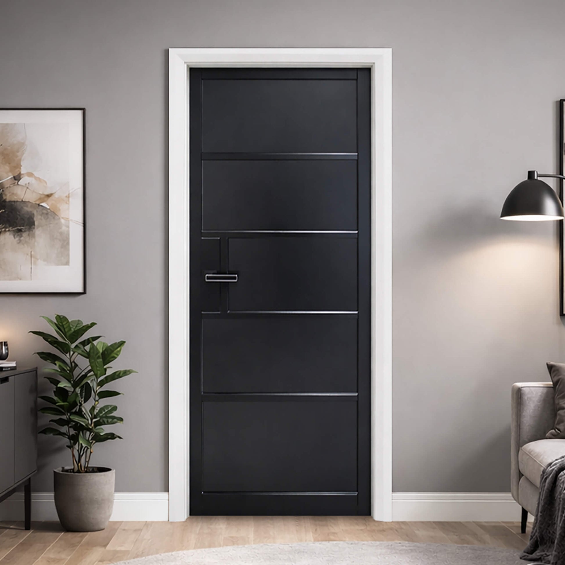 A Kew 5 Panel 40mm Internal Door in a modern home interior setting.