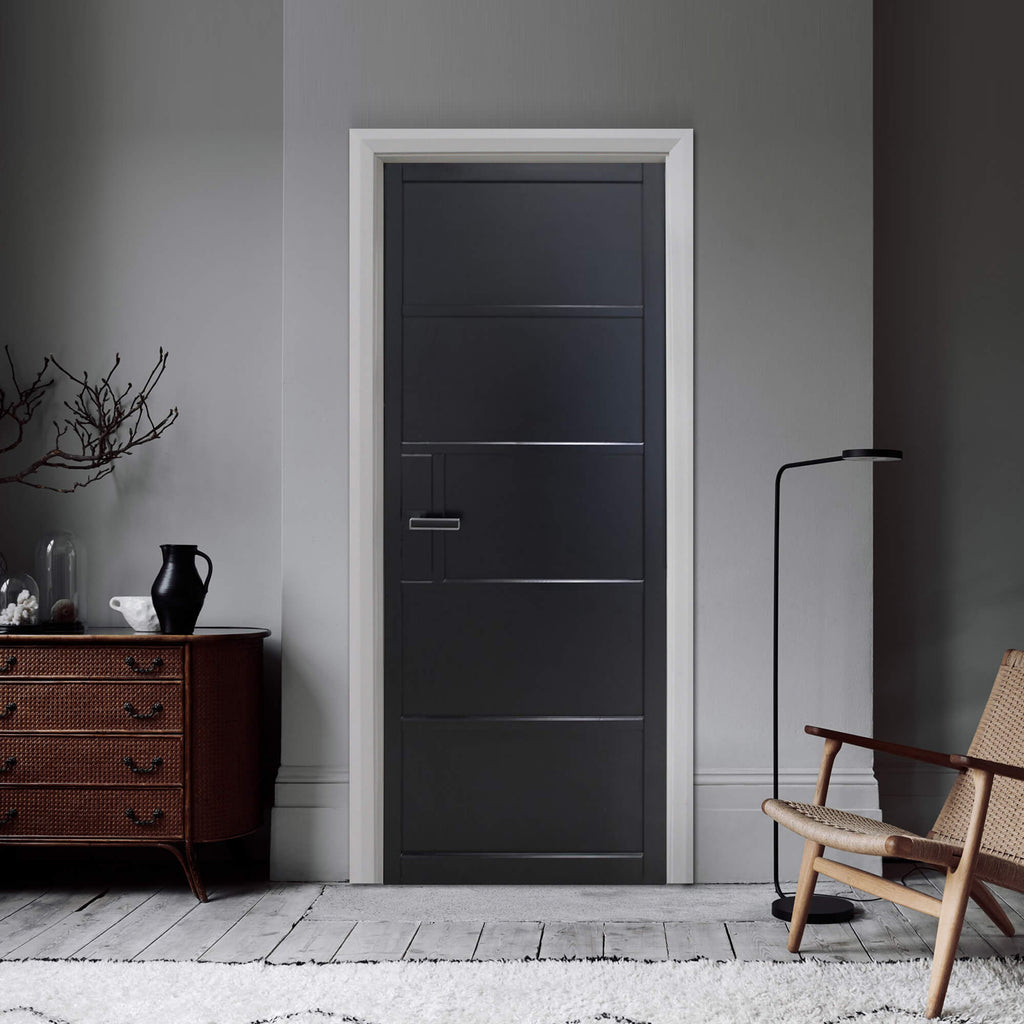 A Kew 5 Panel 40mm Internal Door with a minimalistic design in a room with a wooden cabinet and chair.