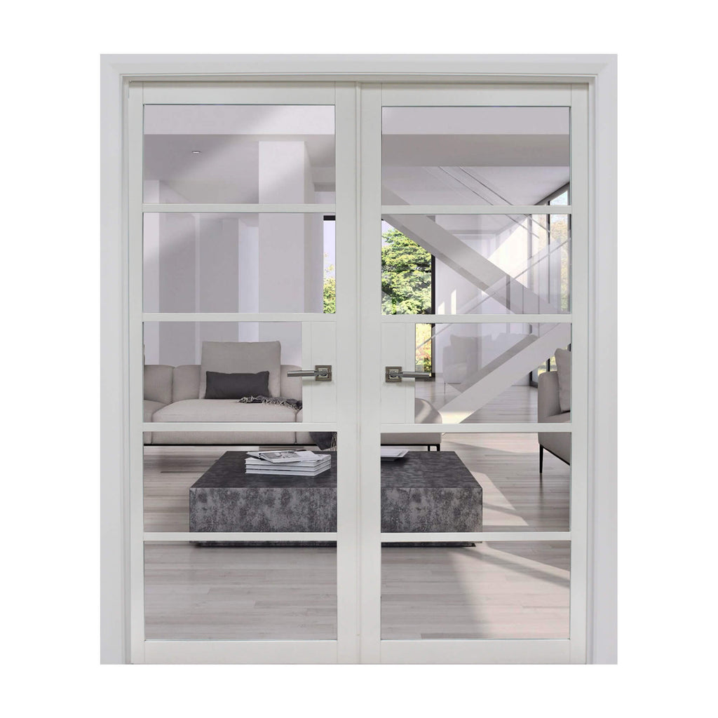 A Kew White Primer Plus 5 Lite Pre-Glazed Double Door Set, looking into a modern living room, on a white background.