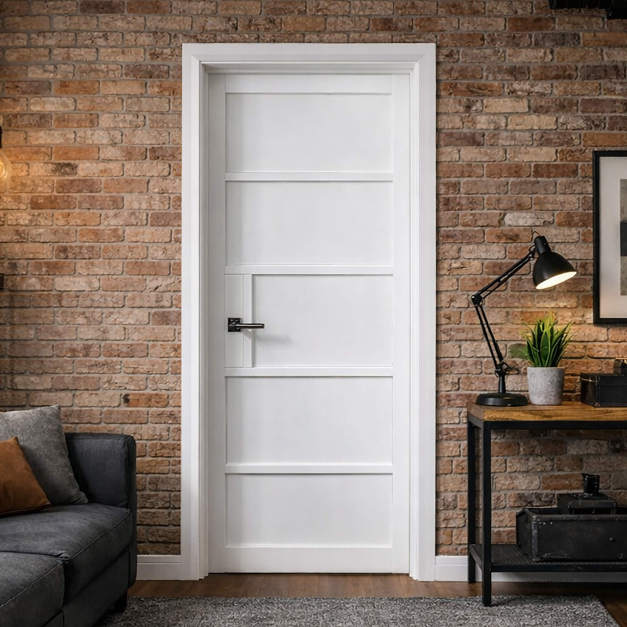 The Kew White Primer Plus 5 Panel Door in a living room  interior setting with a brick wall, grey sofa, and desk lamp.