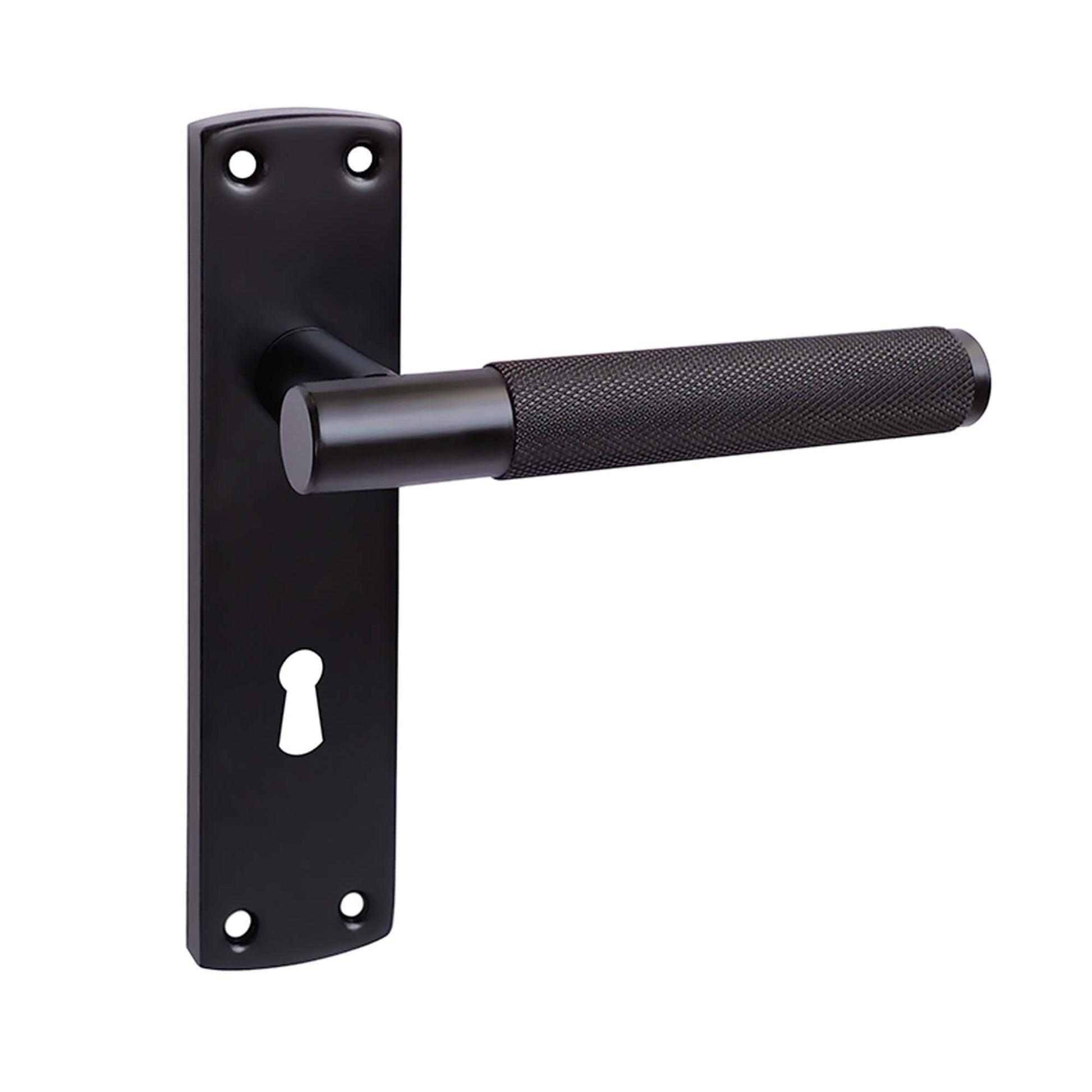Knurled E-BLACK lock backplate door handle on a white background