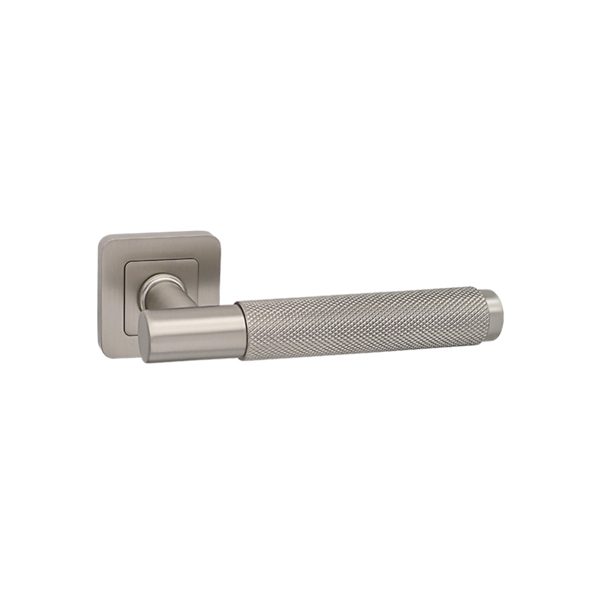 A Knurled Matt Satin Nickel Square Rose Handle on a white background