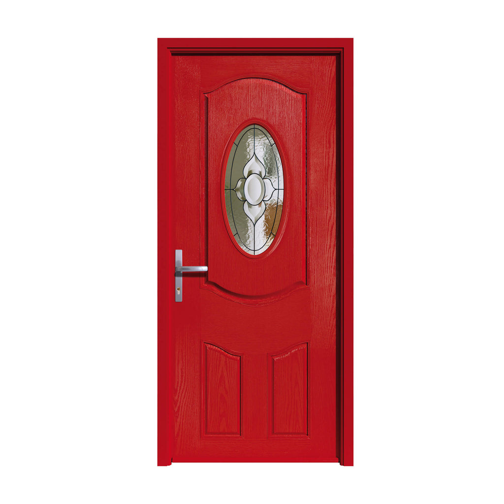 Red Ludlow Composite GRP Door with a decorative glass panel on a white background.