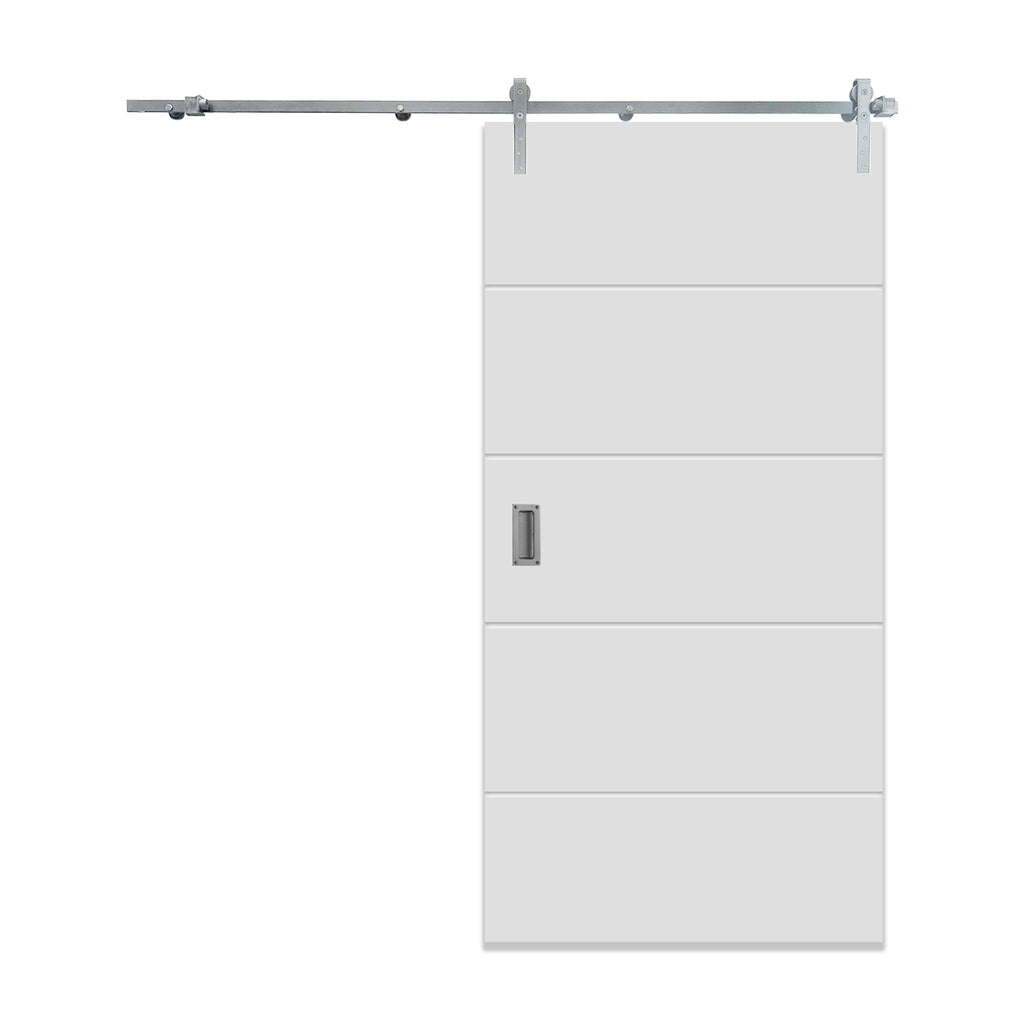 A Manhattan White Primed Sliding Barn Door with a flush pull handle and metal track on a white background.