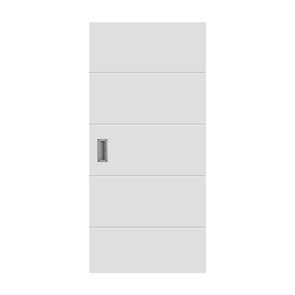 An Manhattan White Primed Barn Door with a flush pull handle on a white background