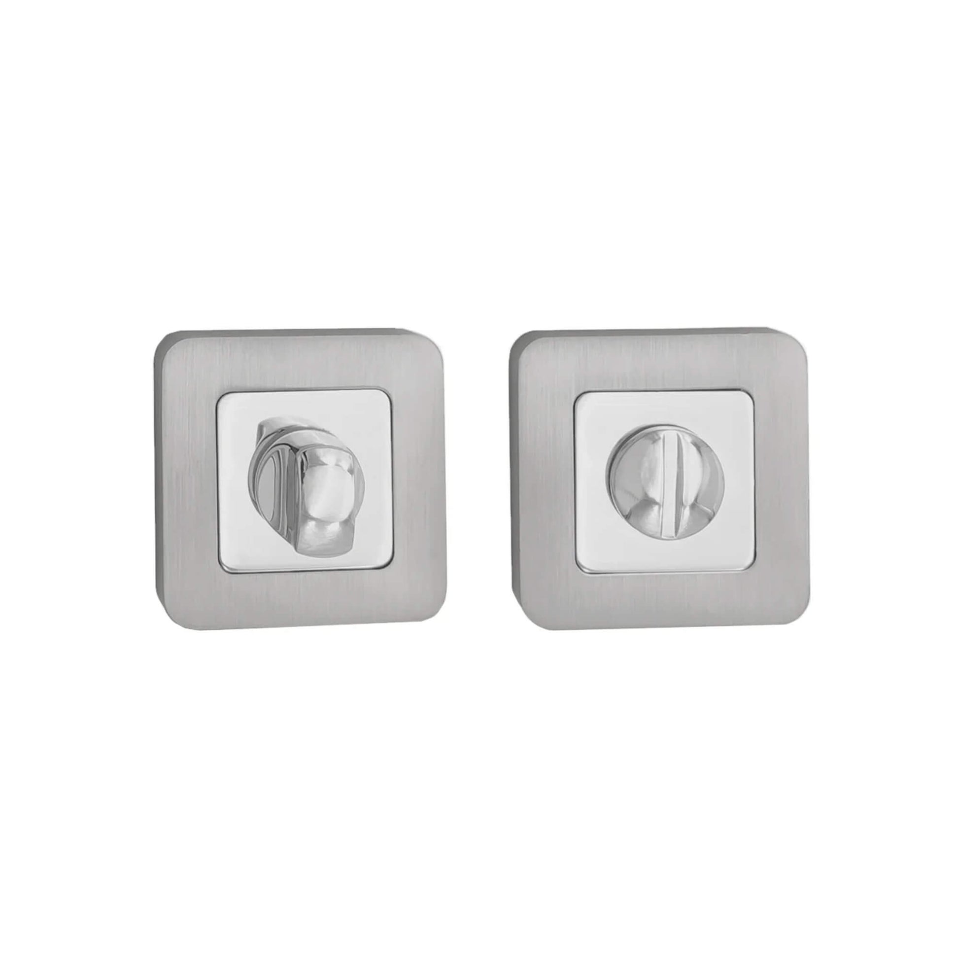 A Matt Satin Nickel & Chrome Plated WC Square Thumbturn Set on a white background