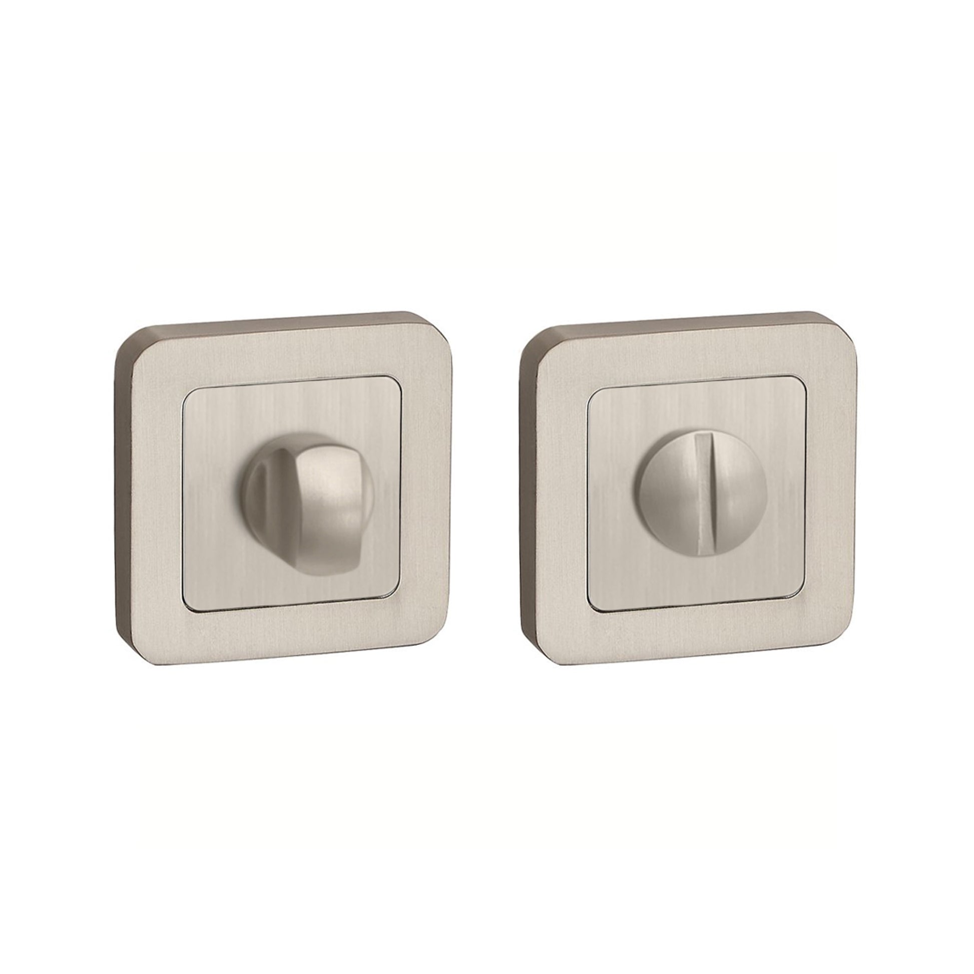 Matt Satin Nickel WC Square Thumbturn Set on a white background.