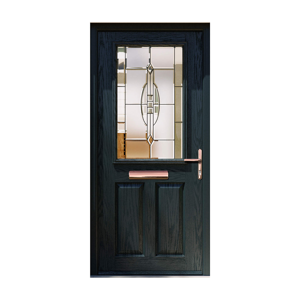 A dark green Mayfair Composite GRP external door with glass panel and brass handle on a white background.