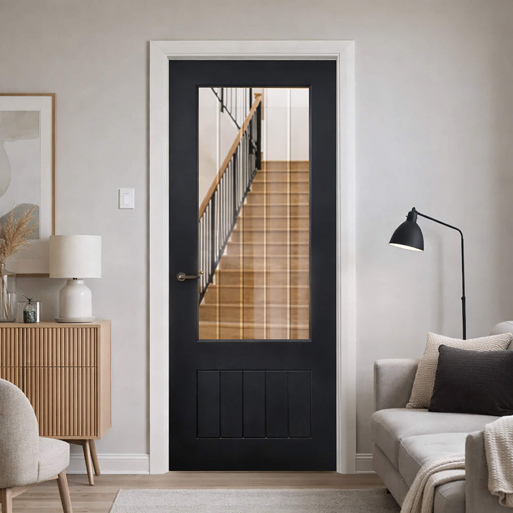 A Mexicano Black Primer Plus 1 Lite Pre-Glazed Door in a home interior setting