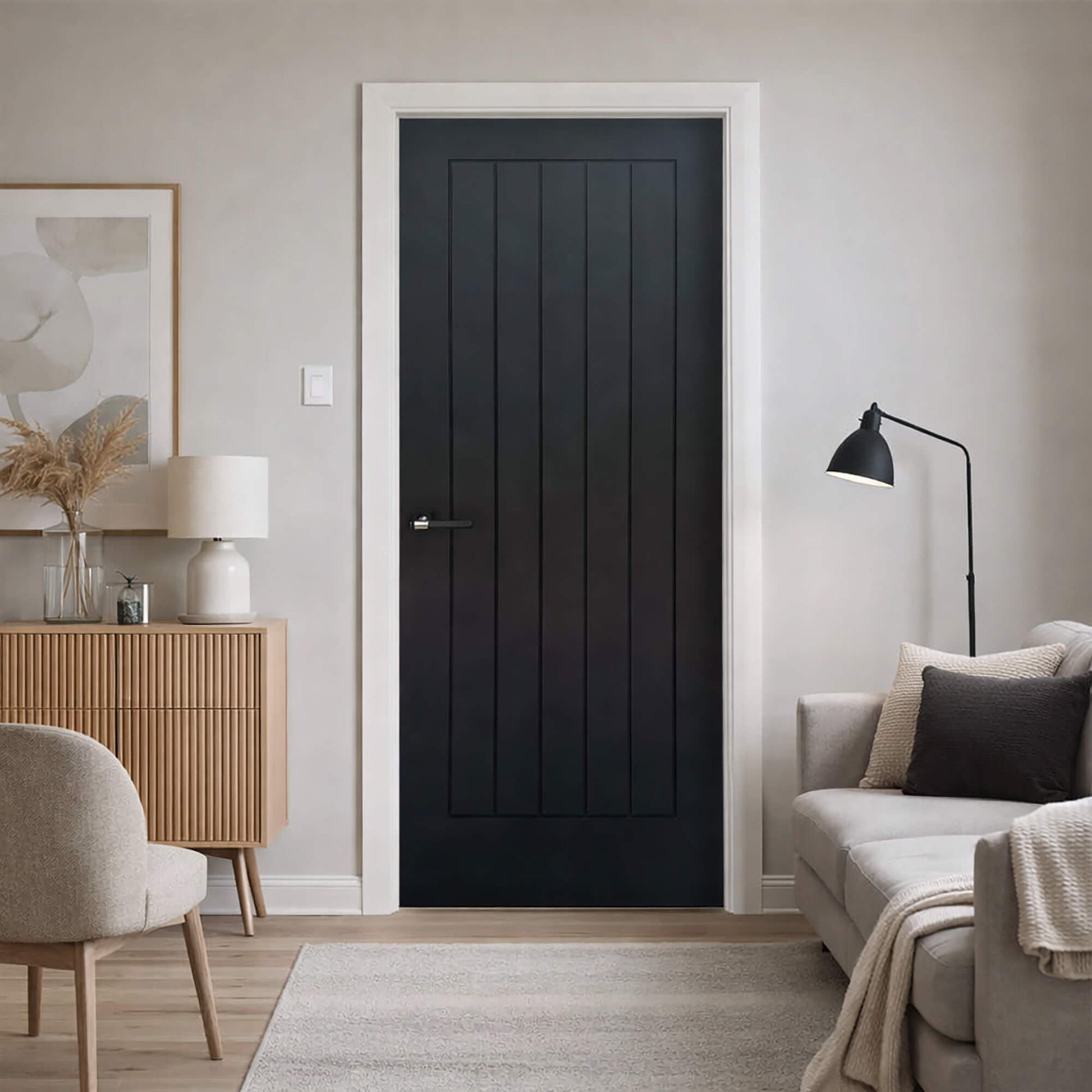 Modern interior with a Mexicano Black Primer Plus 35mm Door, light gray walls, and furniture.