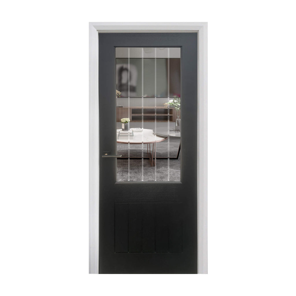 A Mexicano Black Primer Plus 1 Lite Pre-Glazed Door, showing a living room interior on a white background.