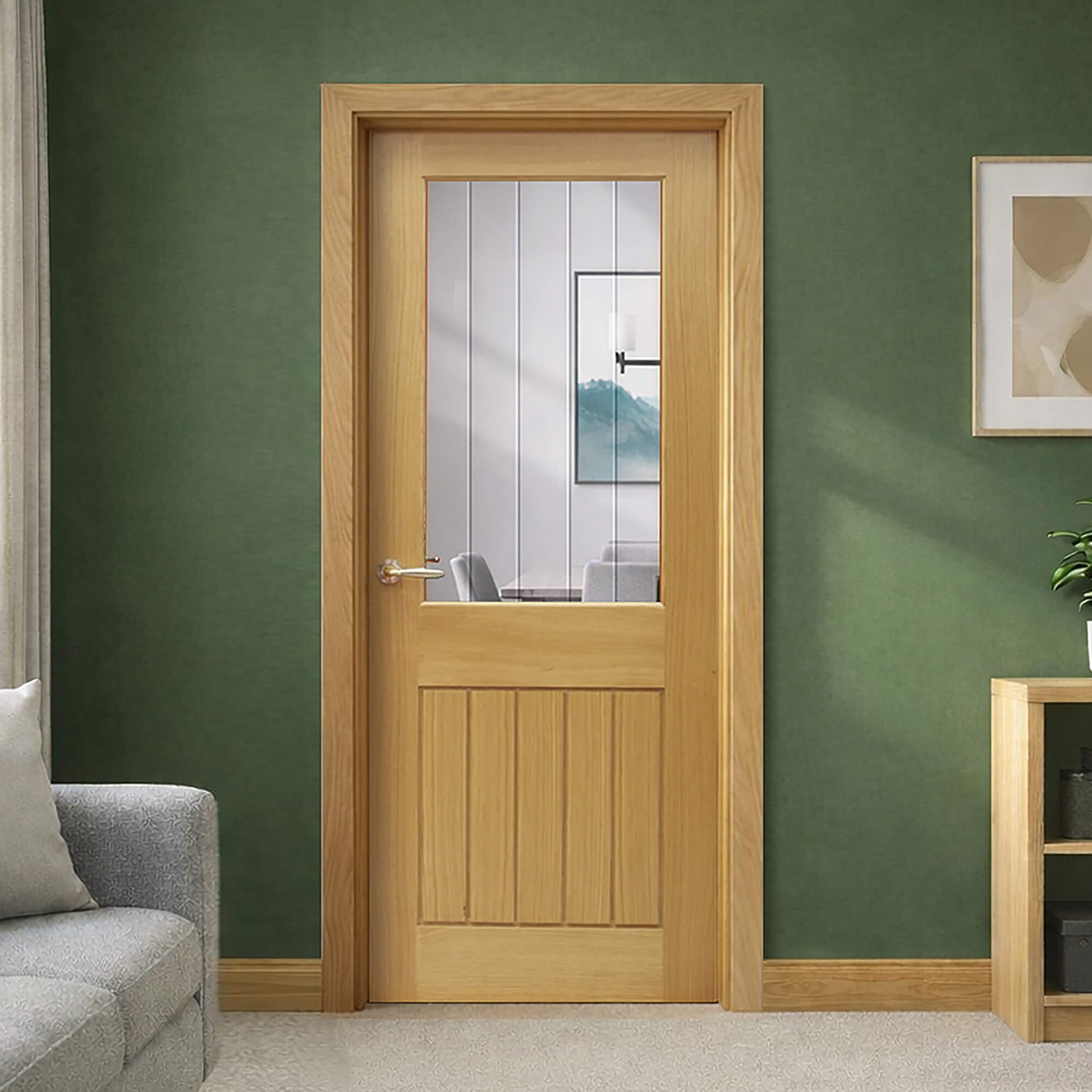 A Mexicano White Oak Door 1 Lite Pre-Glazed 40mm Internal Door  with Diamond-Cut Toughened glass in a home living room setting.