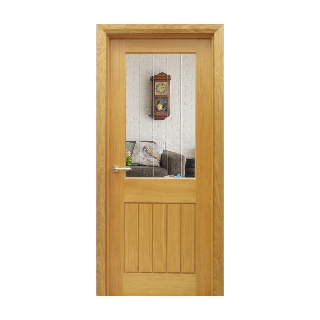A Mexicano White Oak Door 1 Lite Pre-Glazed 40mm Internal Door  with Diamond-Cut Toughened glass on a white Background.
