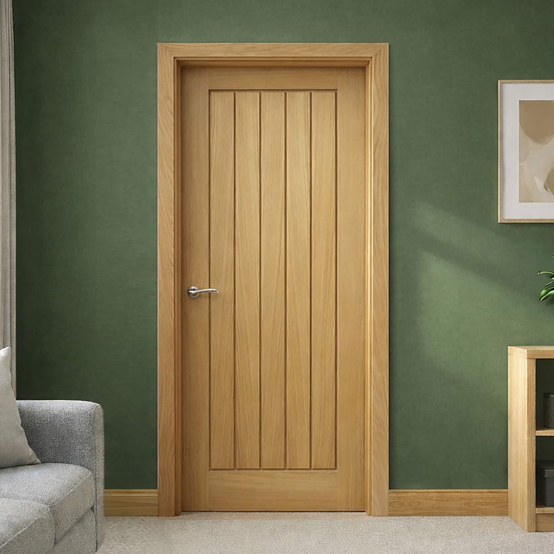 A Mexicano White Oak Internal Door in a living room setting.