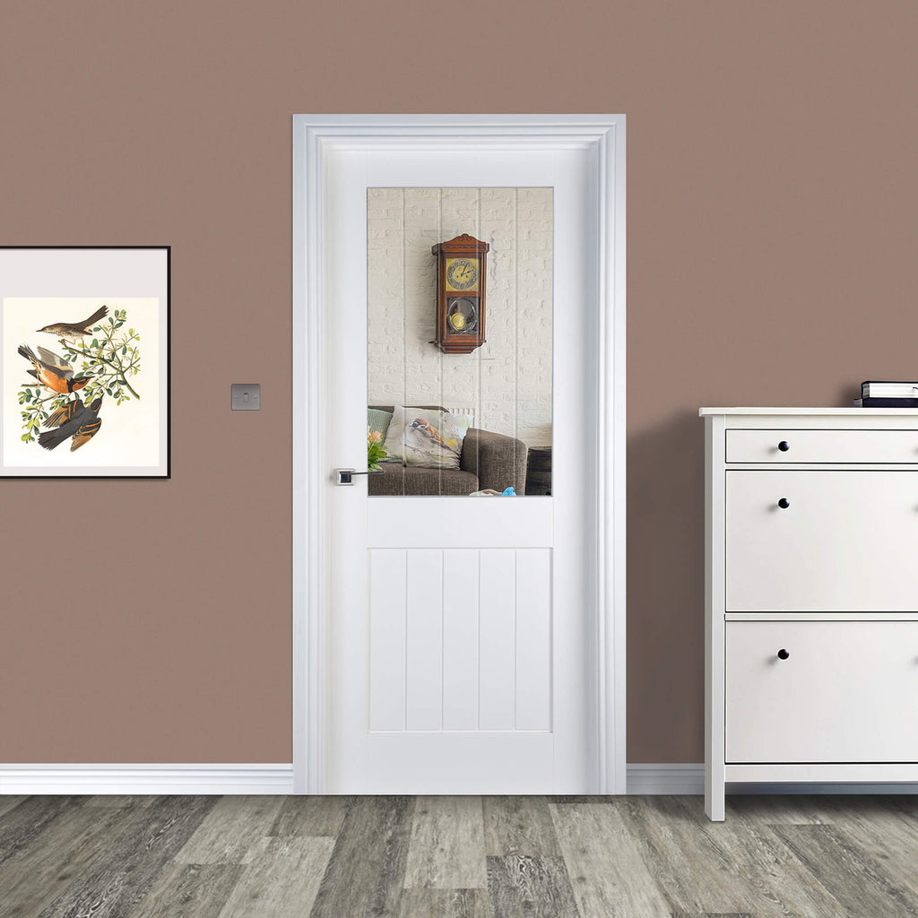 A Mexicano White Primed 1 Lite Pre-Glazed 40mm Internal Door in a a home setting.