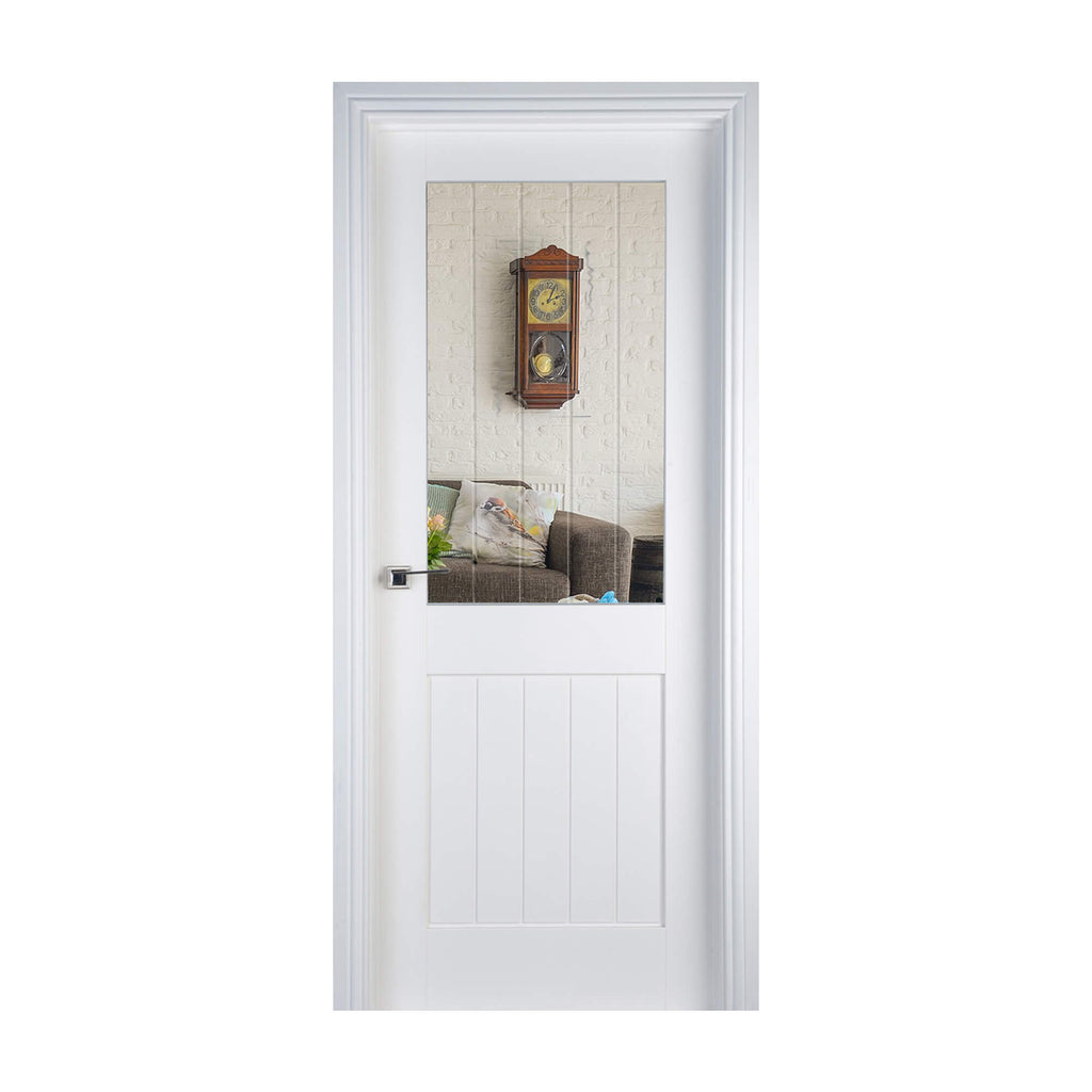 A Mexicano White Primed 1 Lite Pre-Glazed 40mm Internal Door on white background, showing a living room through the clear glass.