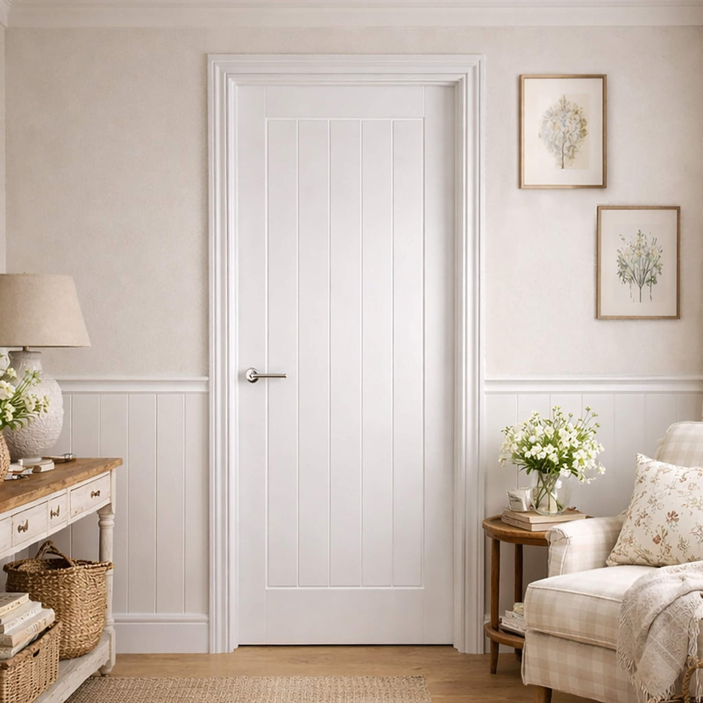 A Mexicano White Primed Internal Door in a traditional living room setting with a couch, lamp, and decorative items.