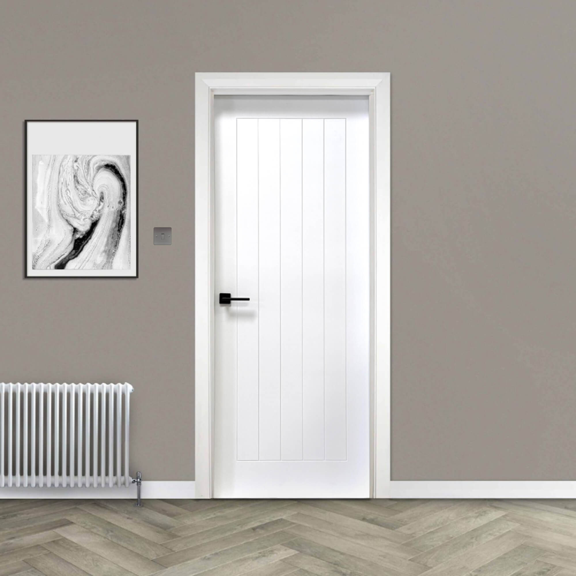 A Mexicano White Primed FD30 44mm Internal Fire Door in a home interior setting