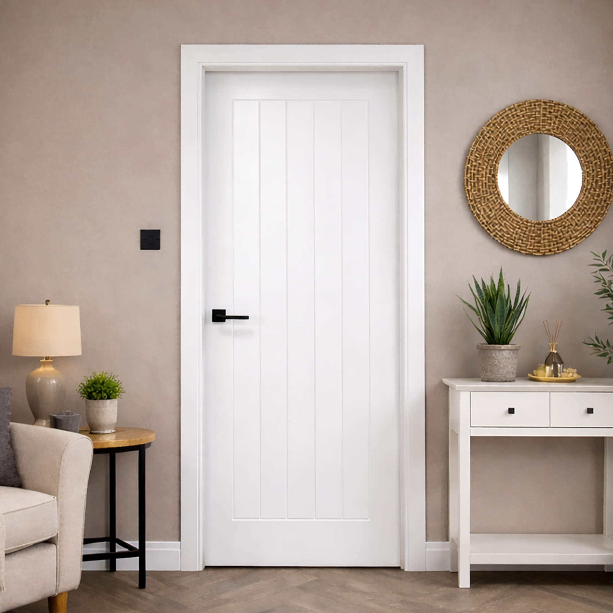 A Mexicano White Primed Paint Grade Internal Door in a home living room setting