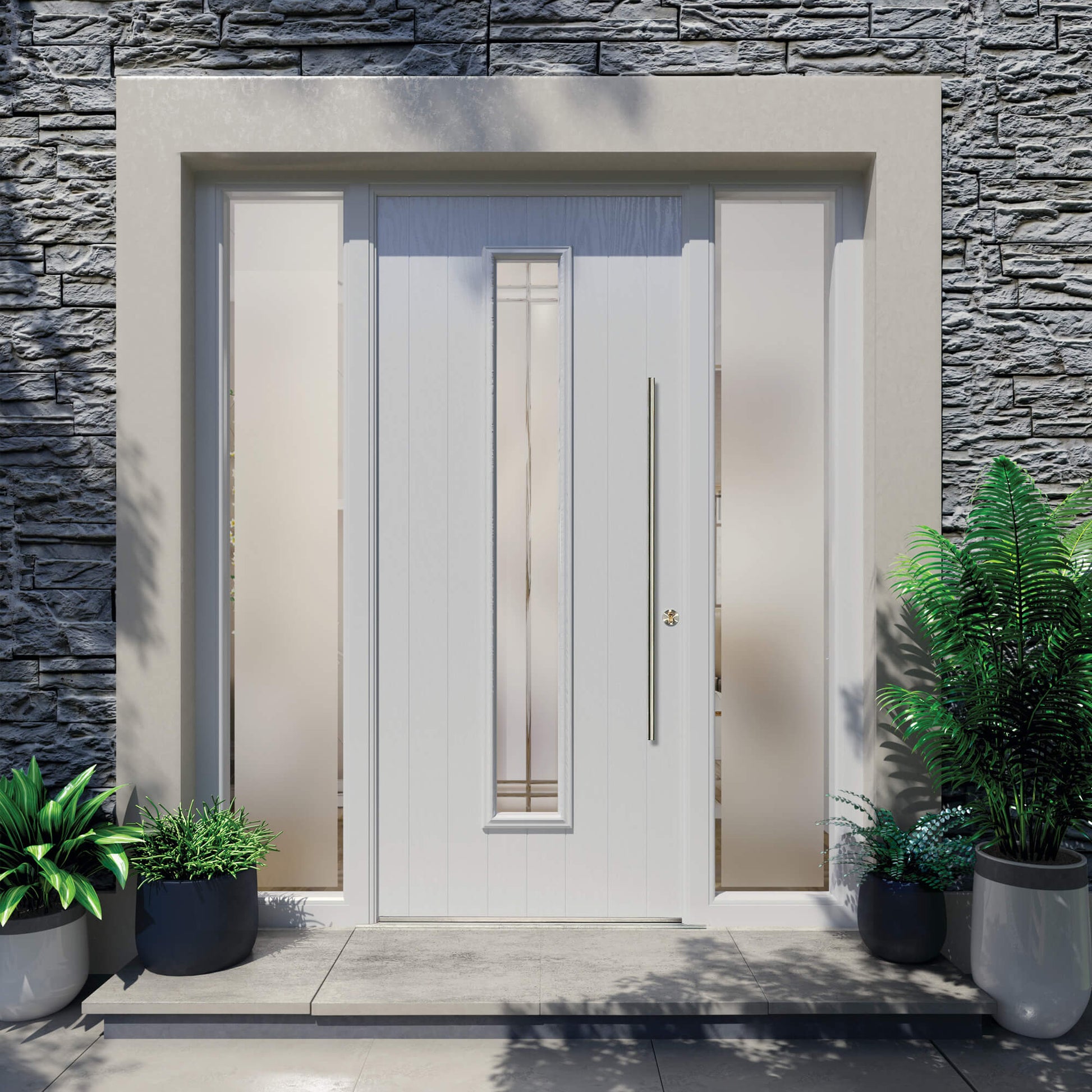 A Monaco Composite GRP Door with glass panels on a stone wall front home exterior setting.