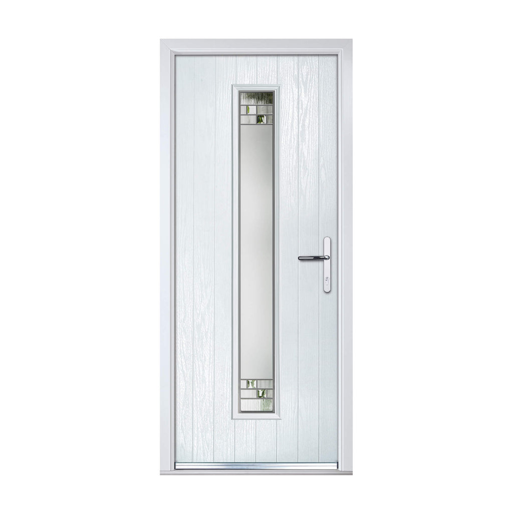 A White Monaco Composite GRP External Door with a glass panel on a white background