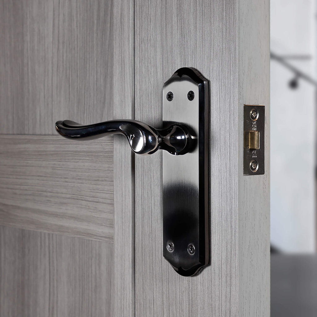 Close-up of a Monet Black Nickel & Nickel Brushed Latch Blackplate Door Handle on a wooden door.
