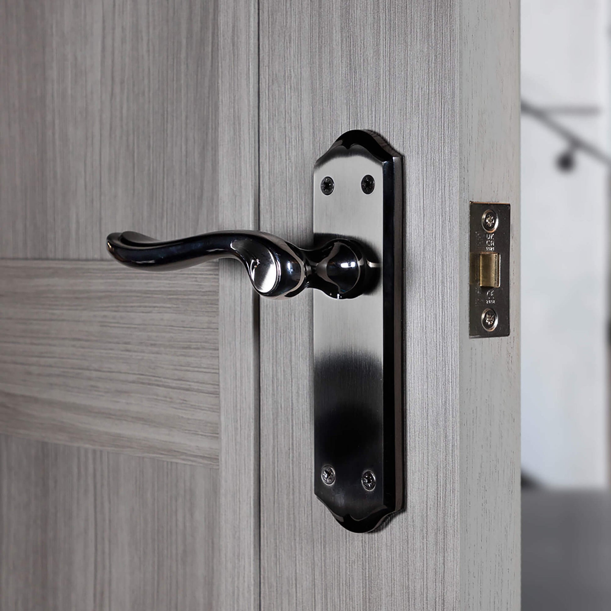 Close-up of a Monet Black Nickel & Nickel Brushed Latch Blackplate Door Handle on a wooden door.