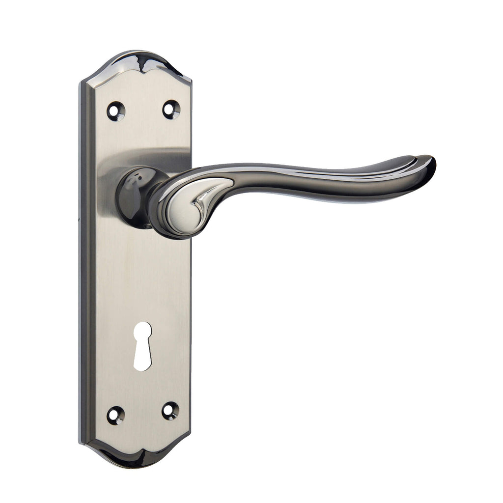 Monet Black Nickel & Nickel Brushed Lock Blackplate Handle on a white background
