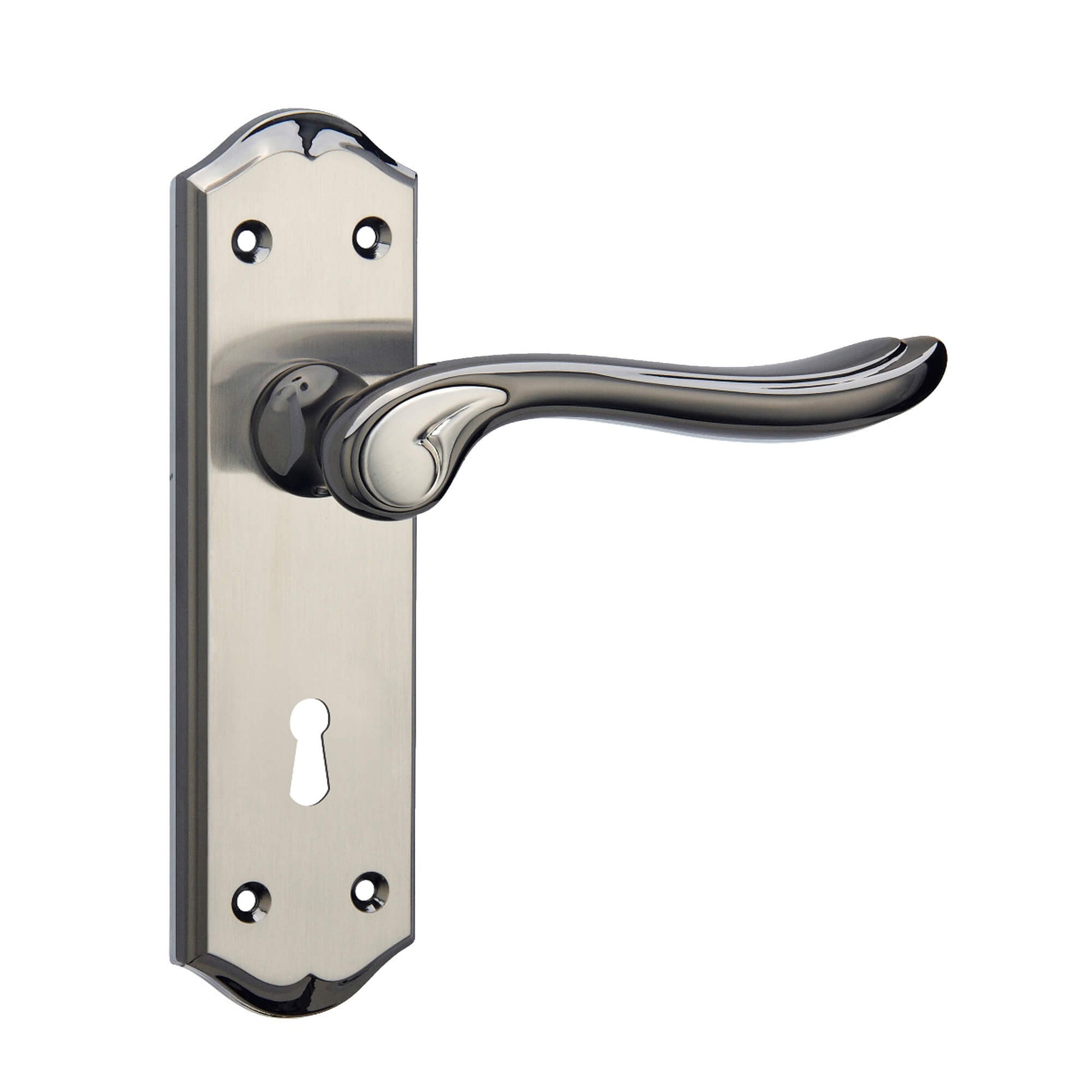 Monet Black Nickel & Nickel Brushed Lock Blackplate Handle on a white background