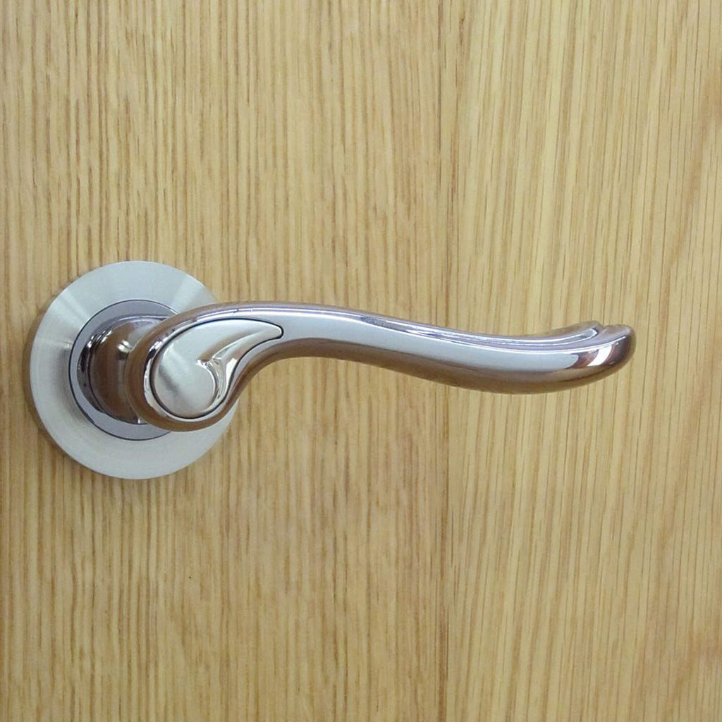 Monet Black Nickel & Nickel Brushed Round Rose Door Handle on a wooden door