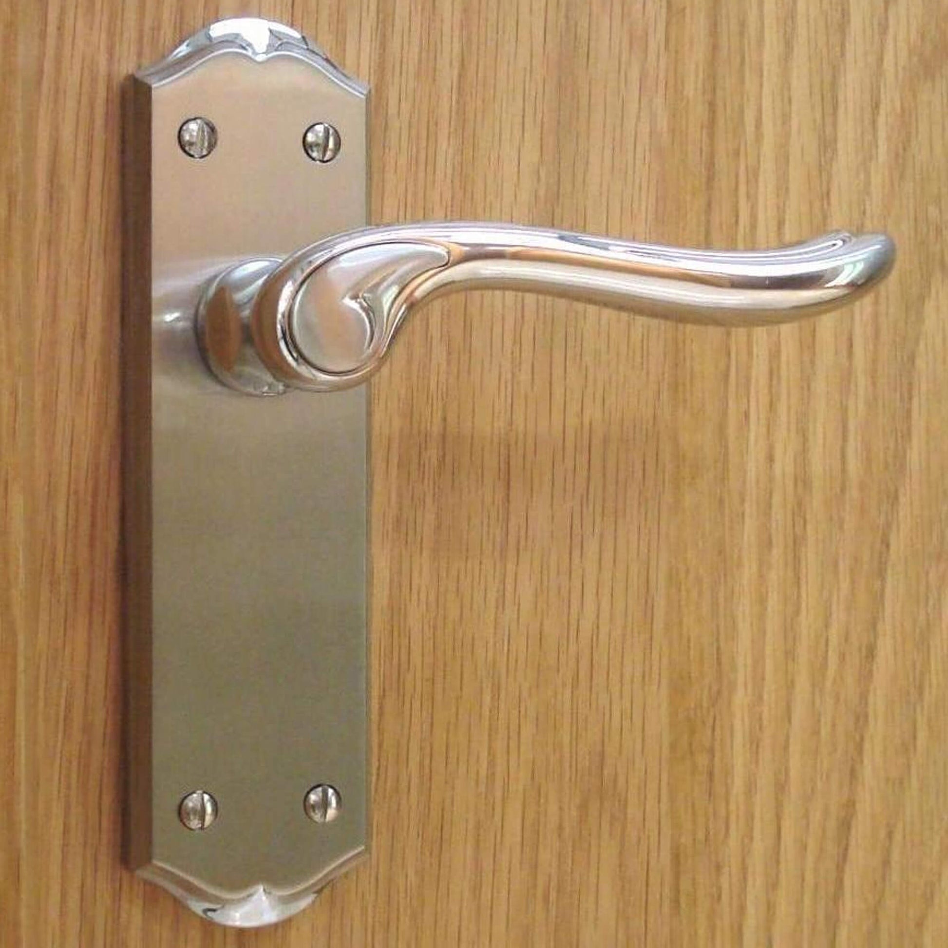 Close-up of a Monet Nickel Brushed & Polished Chrome Latch Backplate door handle on a wooden door
