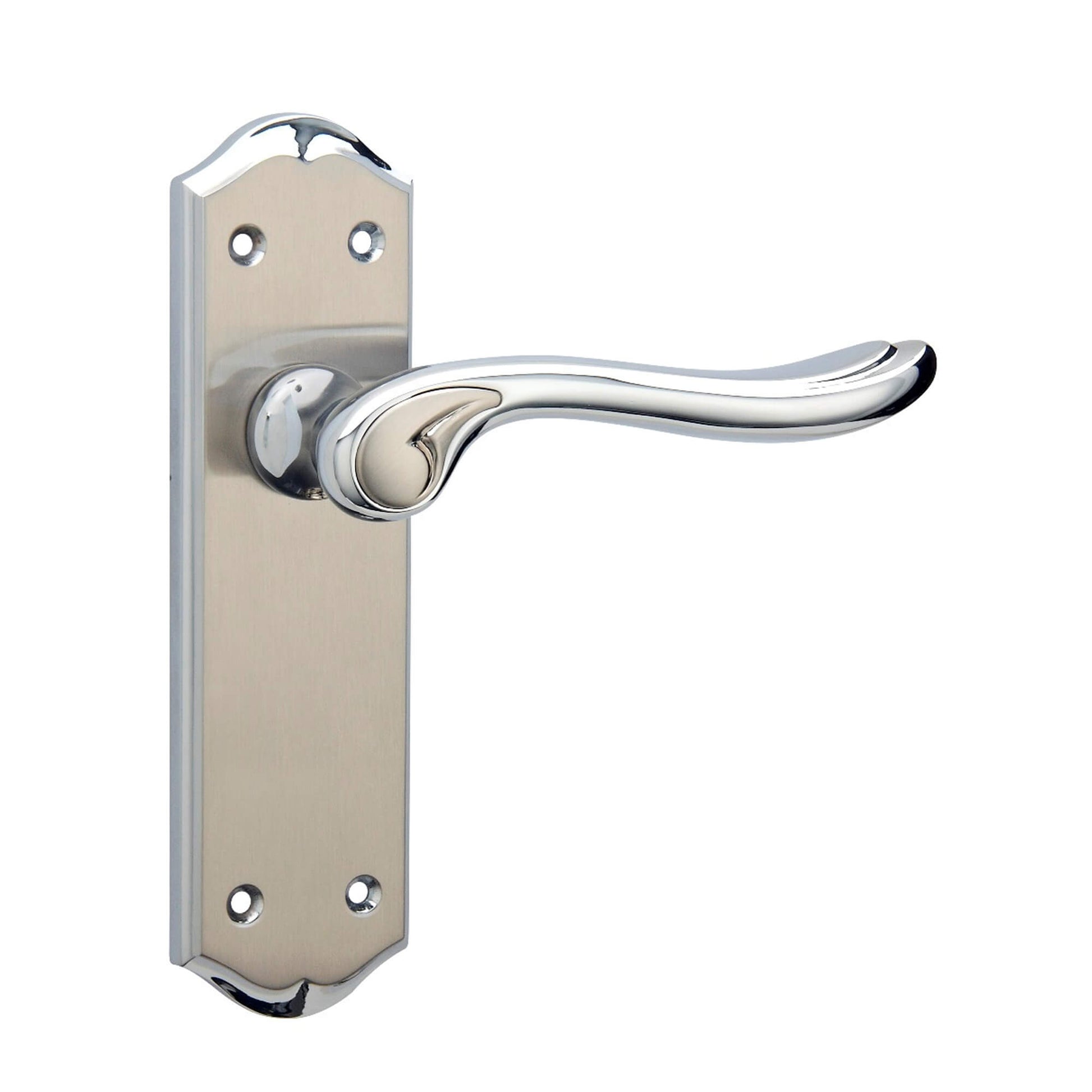 Monet Nickel Brushed & Polished Chrome Latch Backplate Handle on a white background