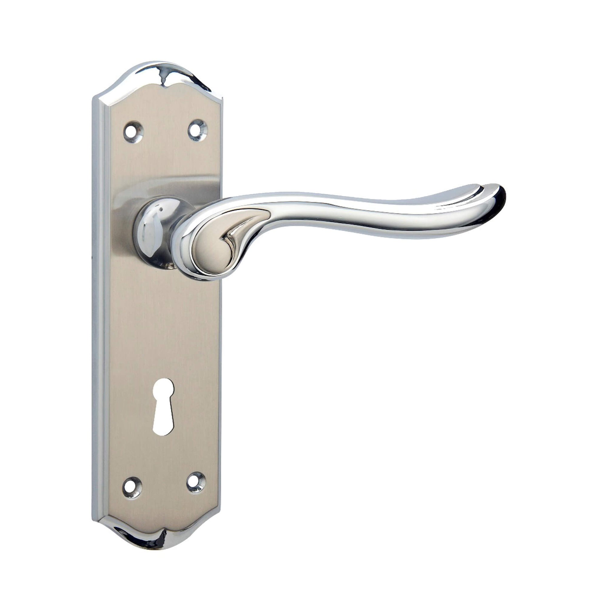 Monet Nickel Brushed & Polished Chrome Lock Backplate Handle on a white background