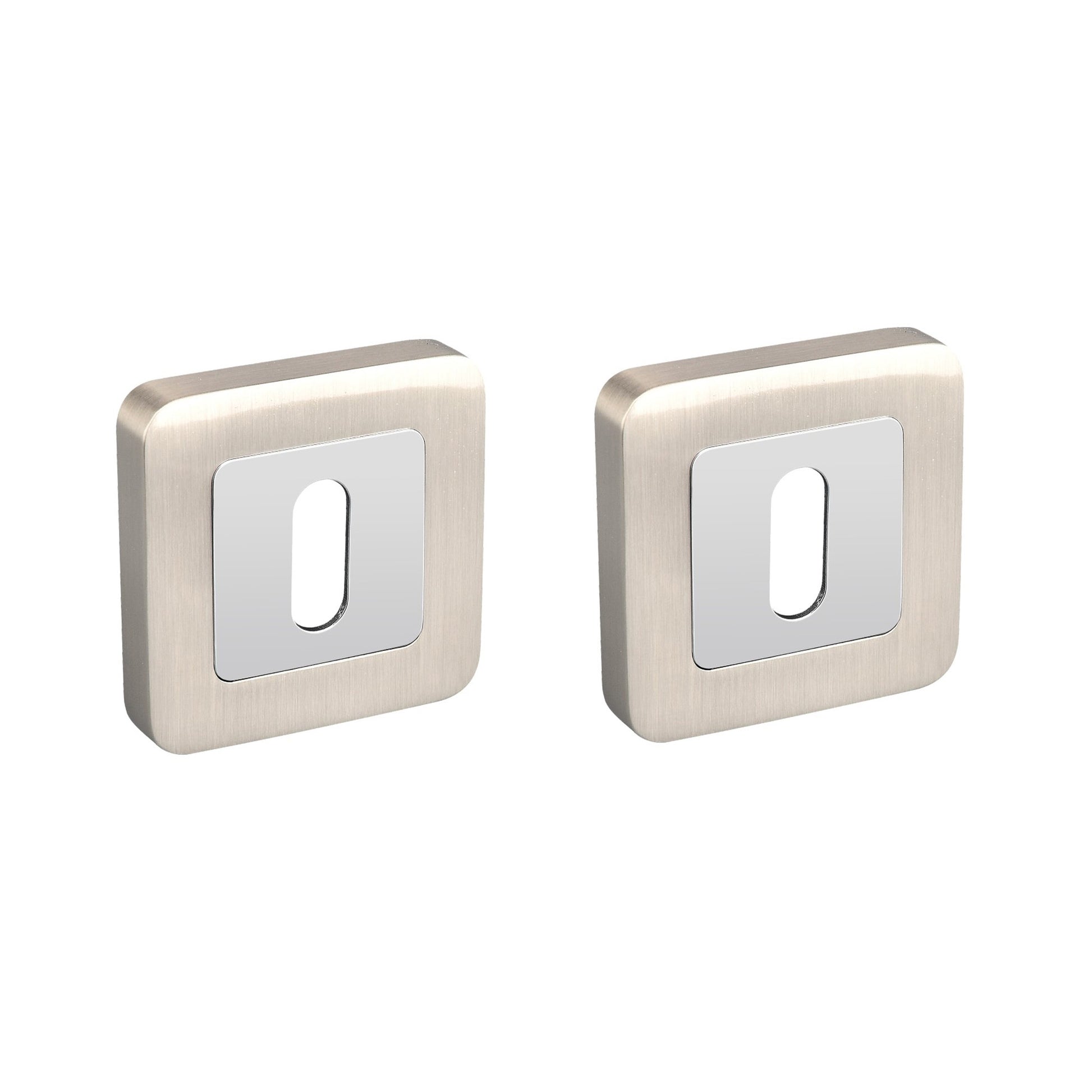 A Polished Chrome & Nickel Brushed Square Escutcheon Set on a white background.