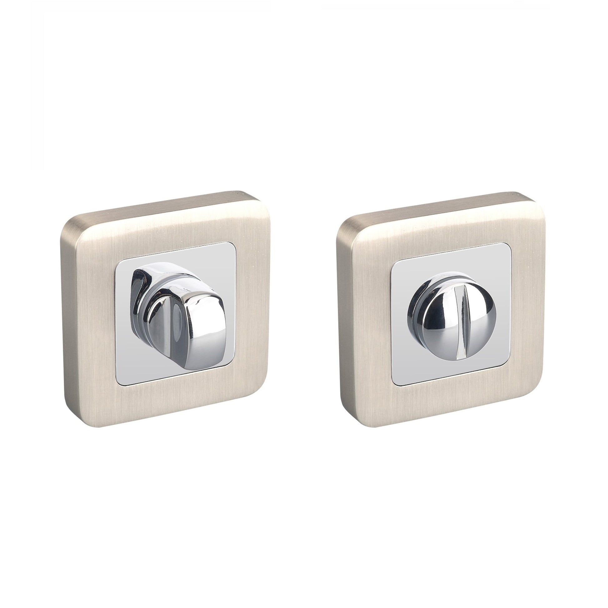 Nickel Brushed & Polished Chrome WC Square Thumbturn Set on a white background.