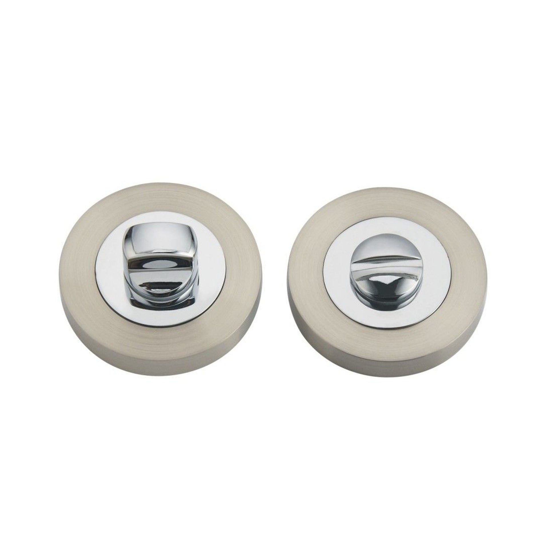 A Nickel Brushed & Polished Chrome WC Round Thumbturn Set on a white background
