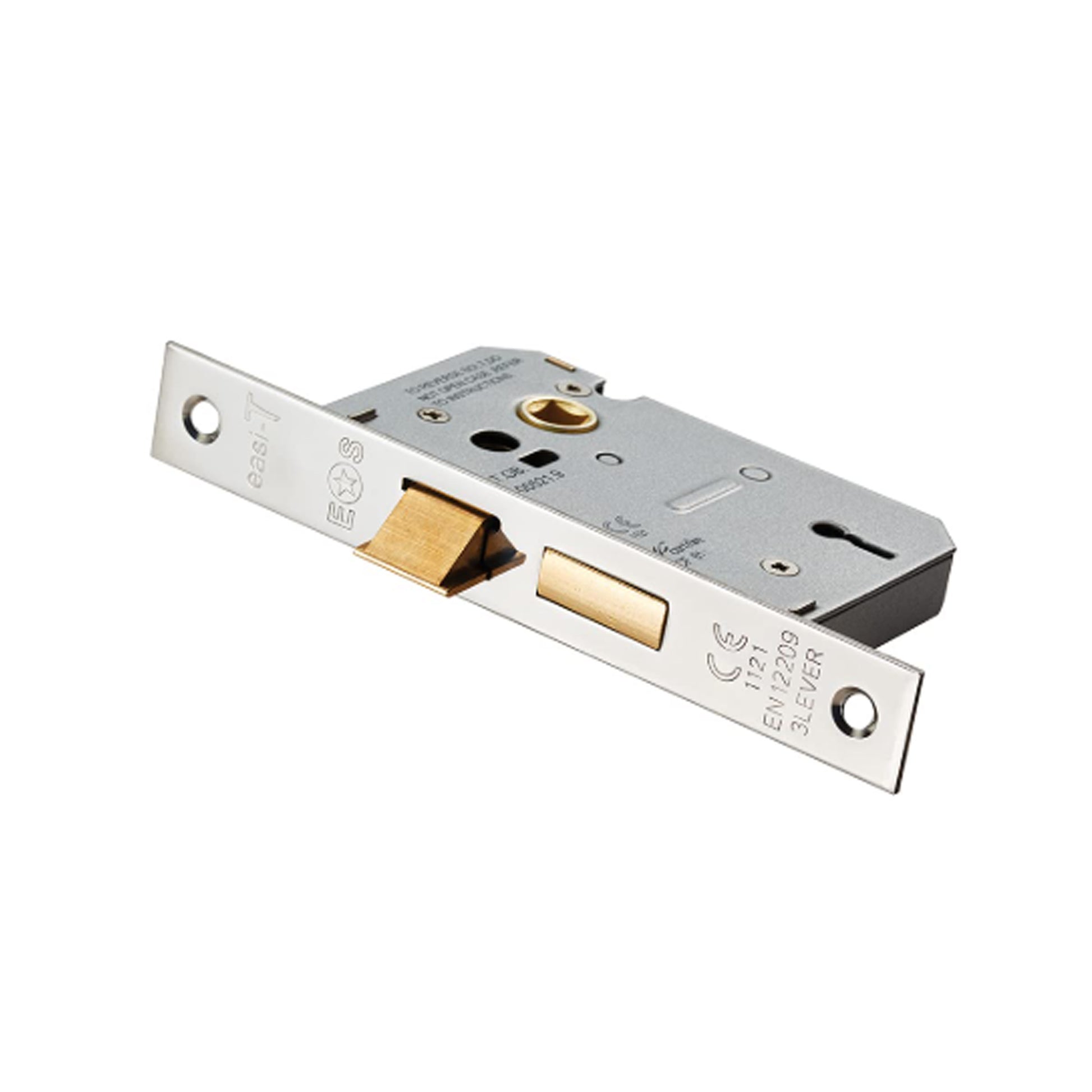 Angled view of the front of a Nickel Plated Silver 3 Lever Lock on a white background.