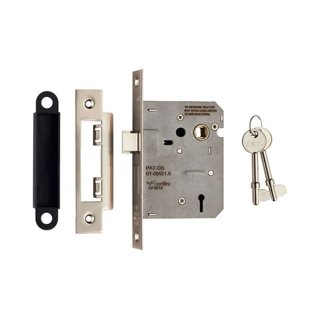 Components of a Nickel Plated Silver 3 Lever Lock on a white background.