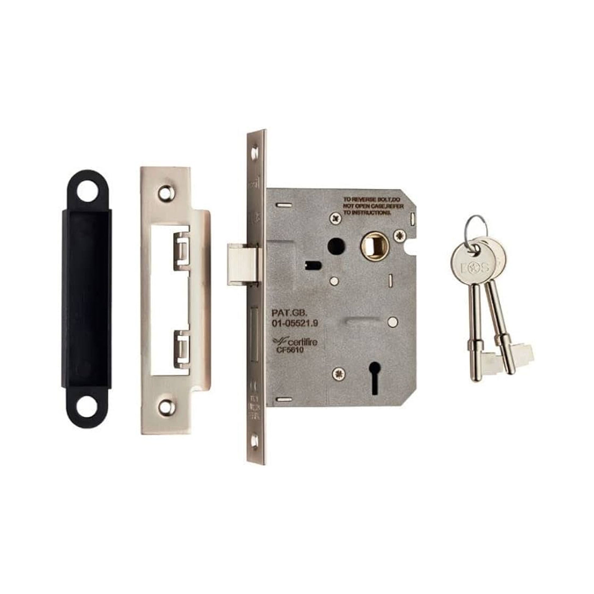 Components of a Nickel Plated Silver 3 Lever Lock on a white background.