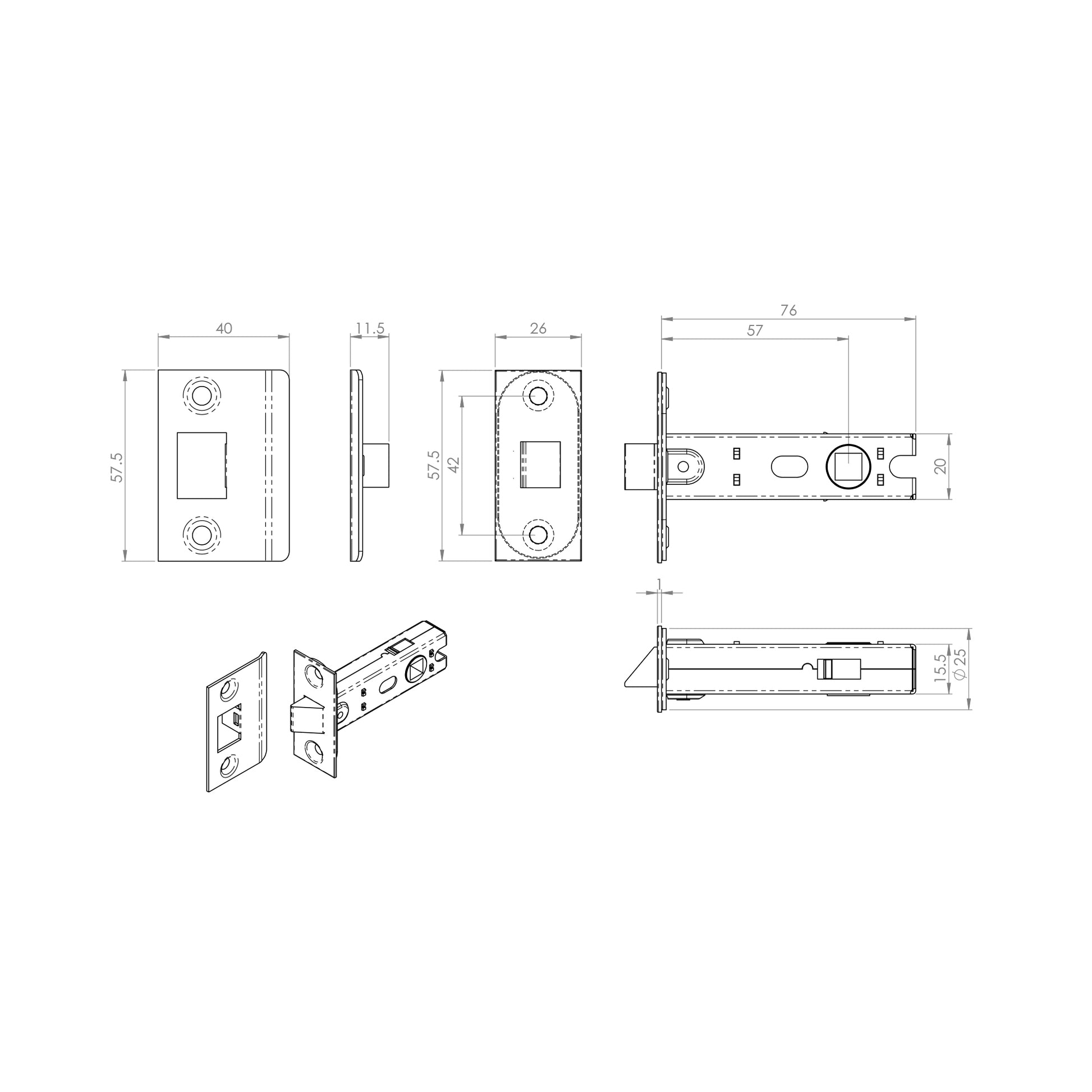 Technical drawing of a Nickel Plated Silver 3" Bolt Through Tubular Latch on a white background.