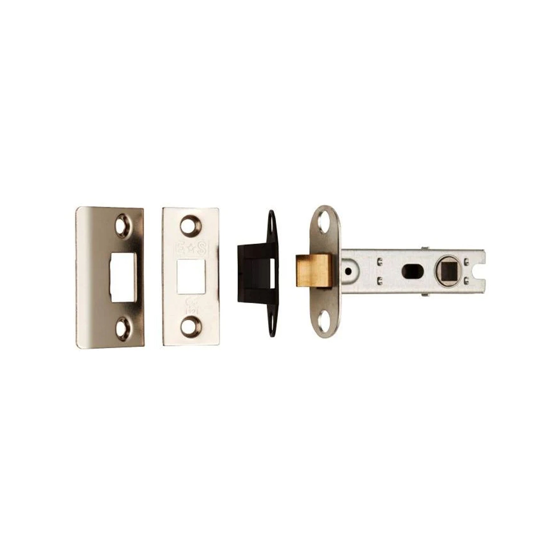 Nickel Plated Silver 3" Bolt Through Tubular Latch mechanism on a white background