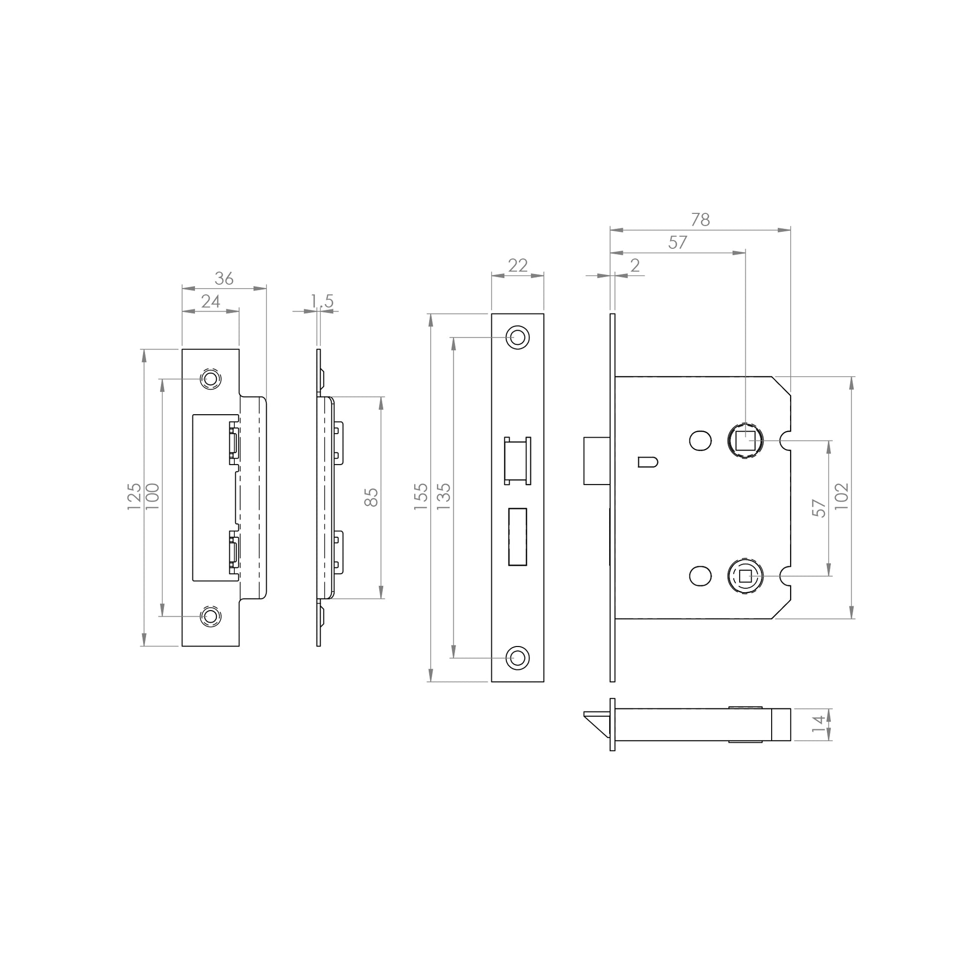 Technical drawing of a 78mm Nickel Plated Silver WC Bathroom Lock mechanism on a white background.